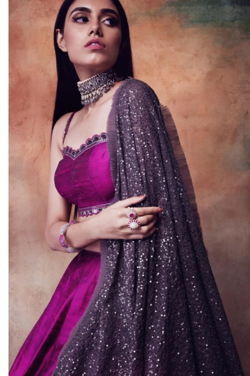PINKISH PURPLE SEQUINED DUPATTA LEHENGA SET