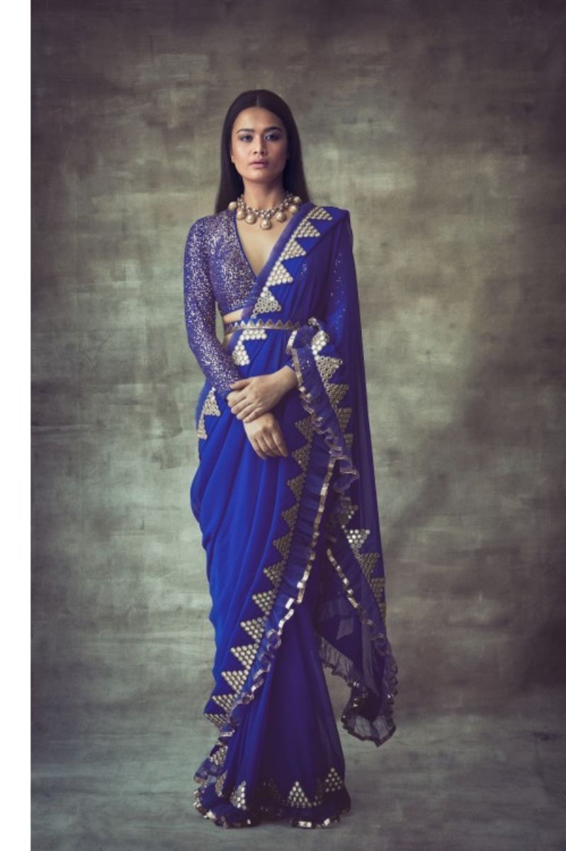ROYAL BLUE MIRROR BORDER FRILL SAREE SET