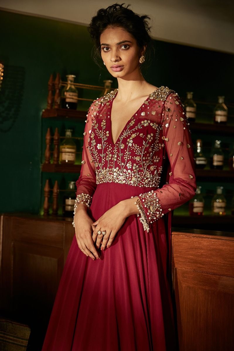 BURGUNDY GOWN WITH ATTACHED DUPATTA