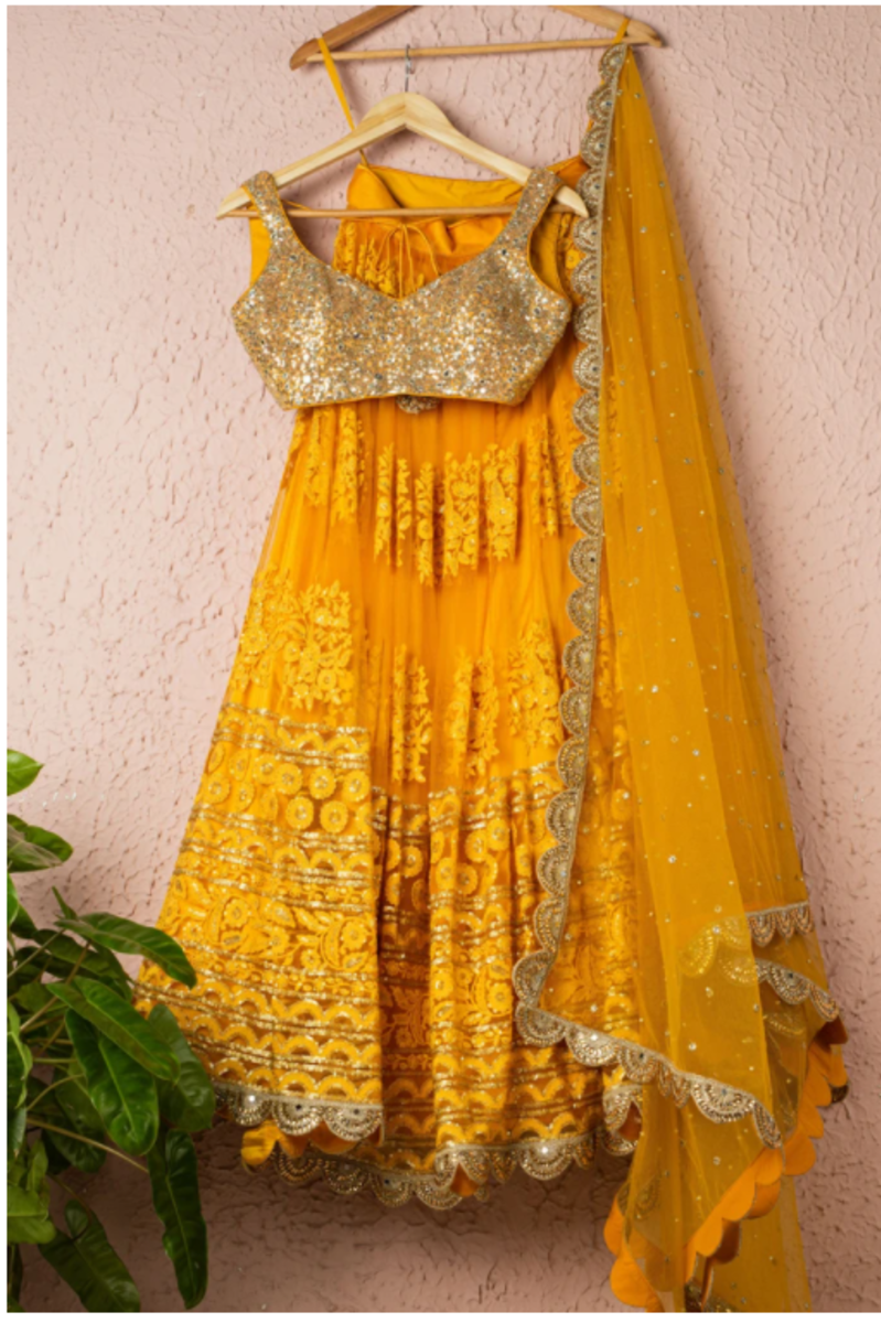 CLASSIC YELLOW EMBROIDERY THREADWORK LEHENGA WITH ABLA & SEQUENCE BLOUSE