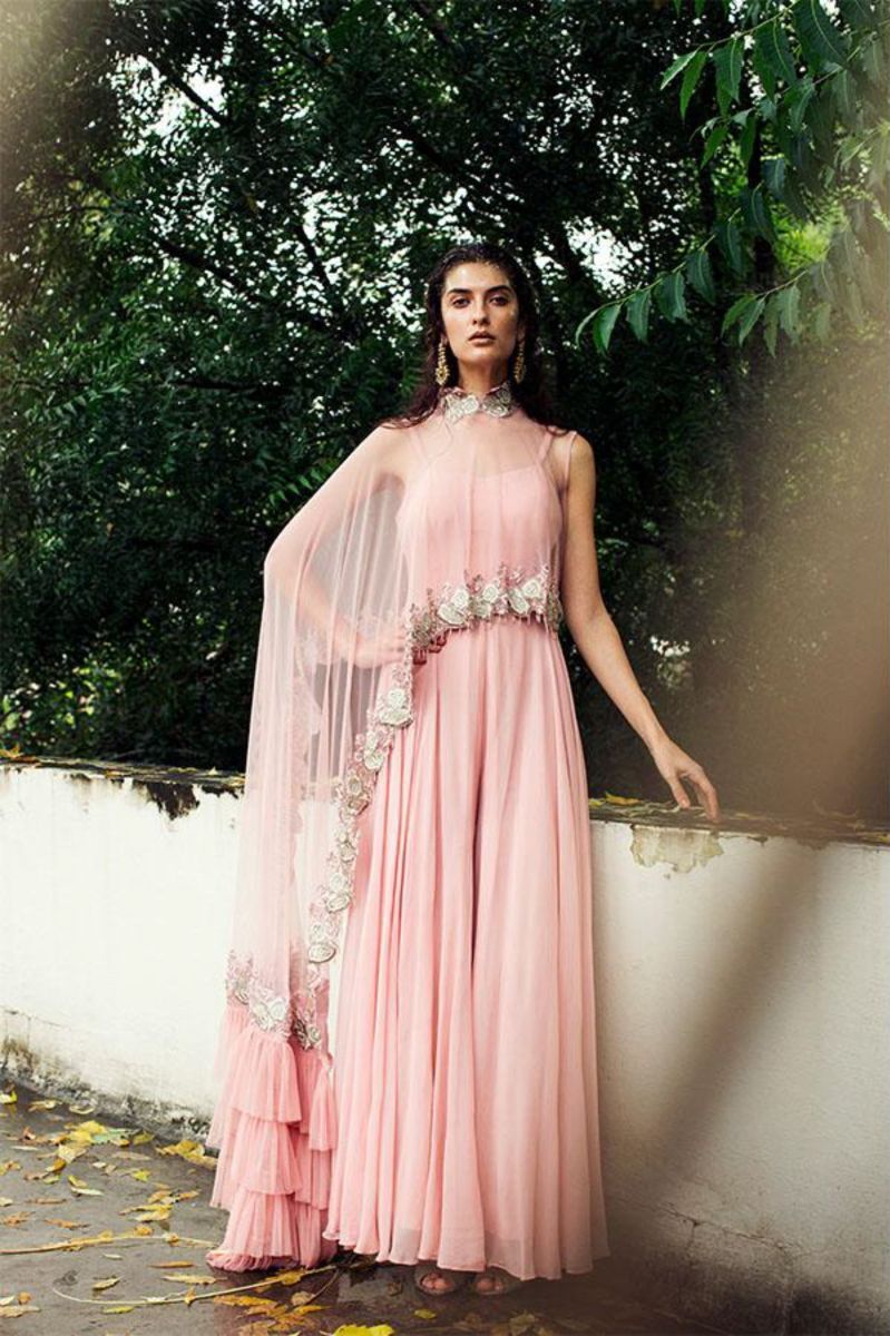 TEA PINK JUMPSUIT WITH RUFFLED CAPE